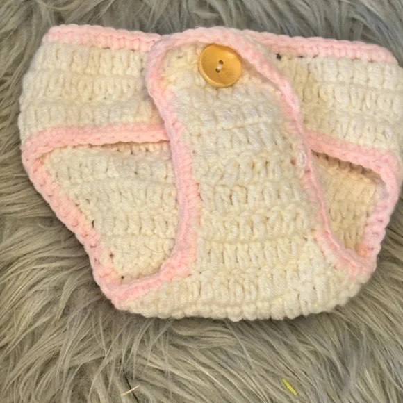 Adorable White and Pink Crochet Baby Hat & Diaper Cover Easter Bunny photo prop - Picture 2 of 6